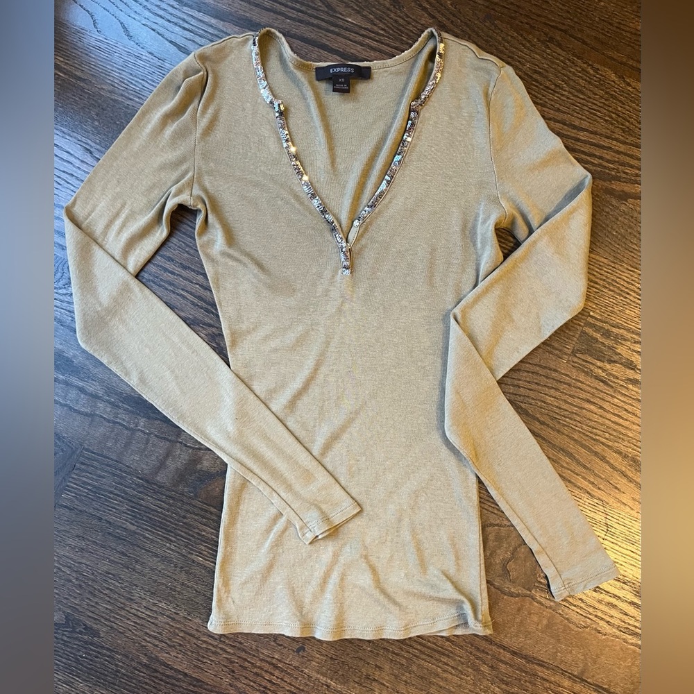 Express Y2K Sequin Trim Deep V Fitted Long Sleeve Henley Top XS